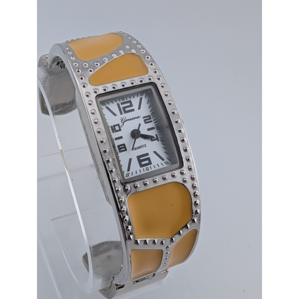 Geneva Enameled Cuff Bracelet Women's Watch 19mm Case Yellow/Silver- New Battery